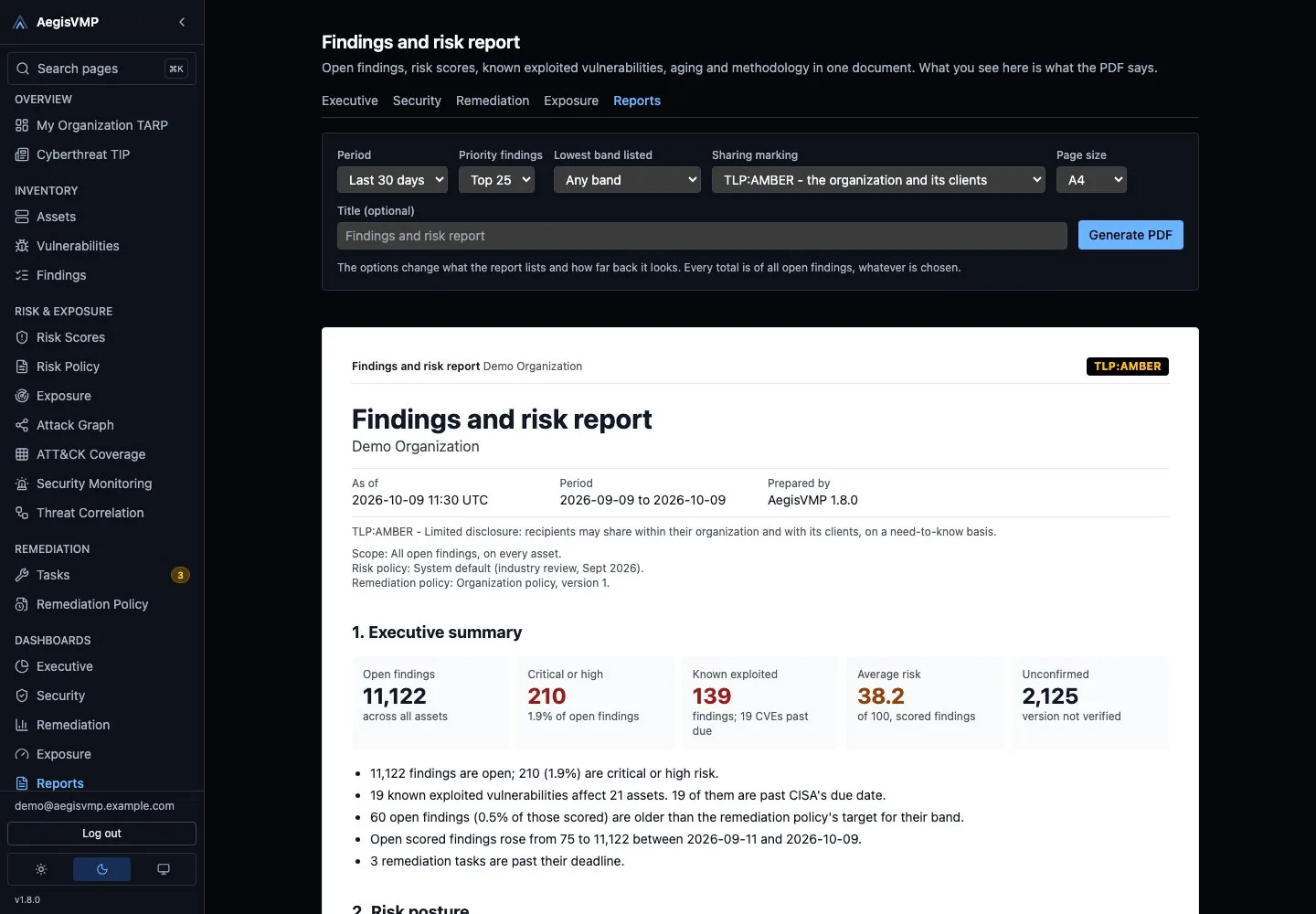 AegisVMP executive reporting view summarizing organizational security posture